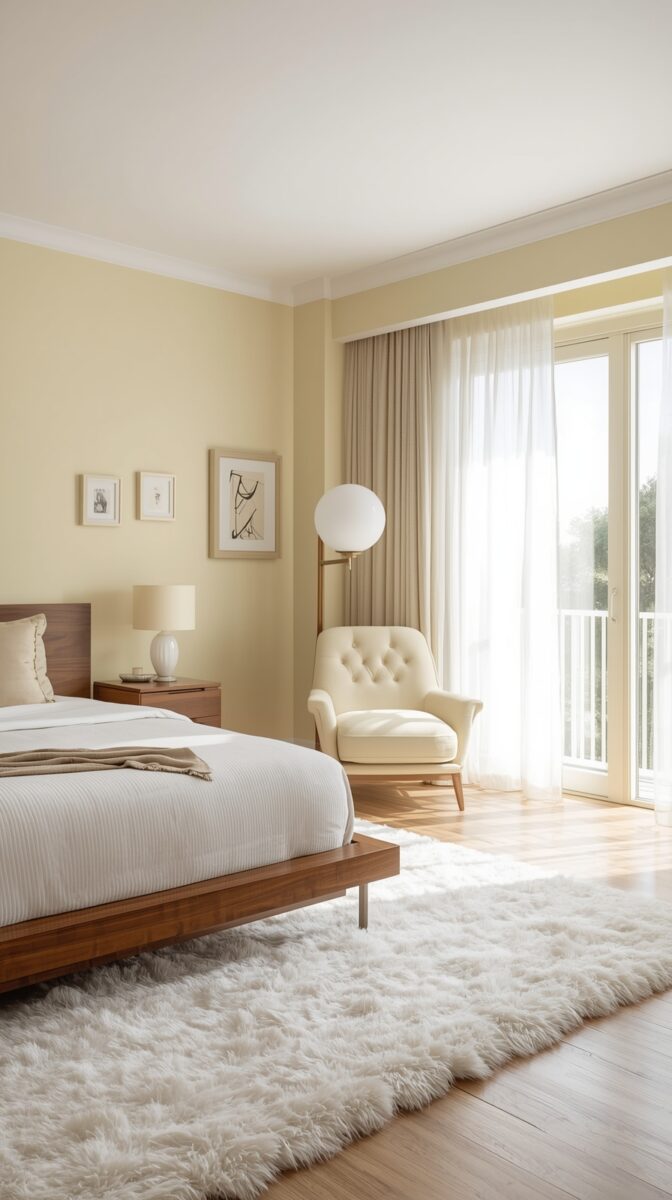 Modern minimalist bedroom with platform bed, cream tufted armchair, shag rug, and French doors leading to balcony