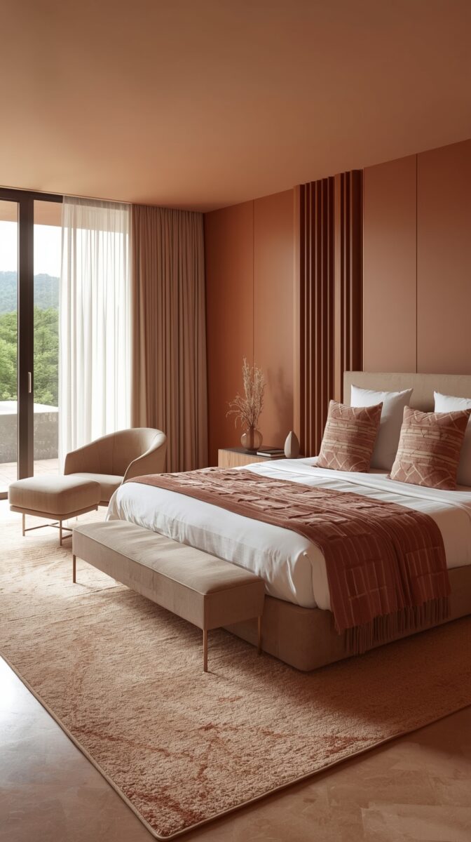Modern hotel bedroom with terracotta walls, white bed, beige lounge chair, floor-to-ceiling windows and nature view