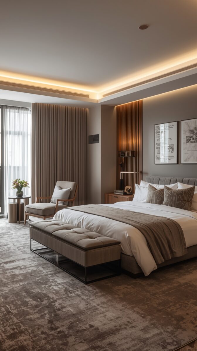 Luxury hotel bedroom with modern decor, featuring grey and beige tones, cove lighting, and upscale furnishings