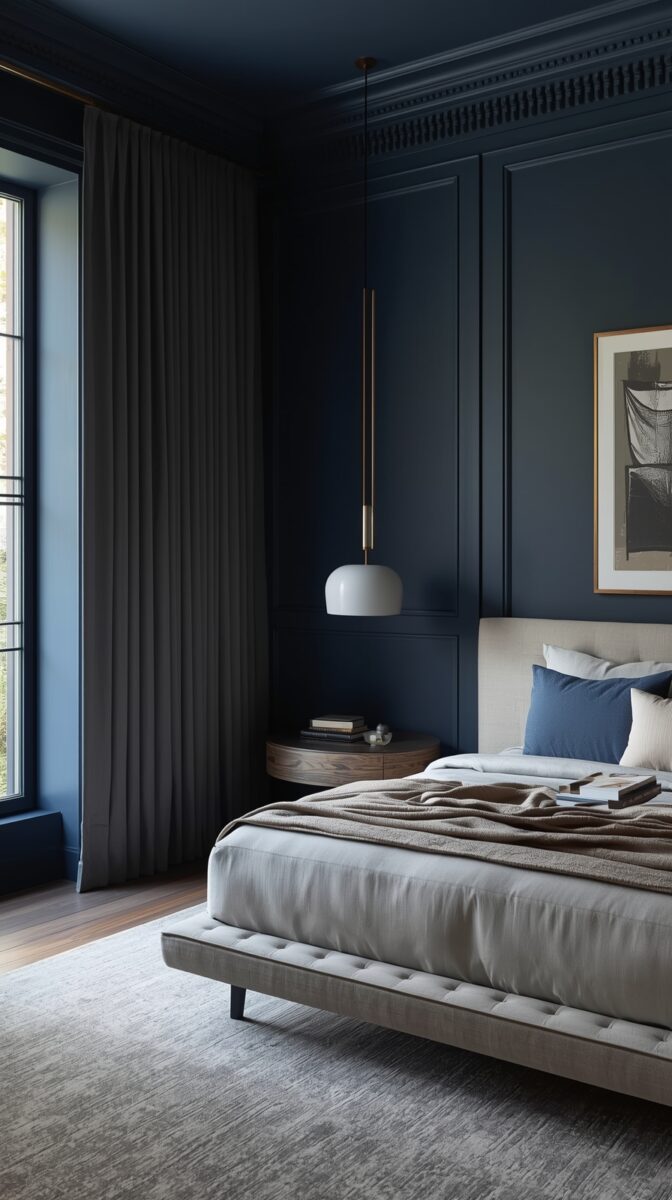 Modern bedroom with navy blue walls, floating wooden nightstand, pendant light, and upholstered platform bed with gray bedding