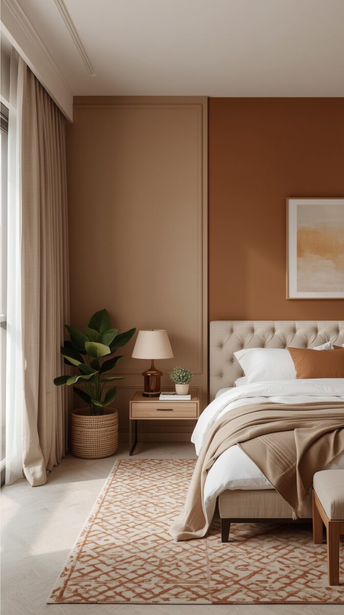 Modern bedroom with beige and terracotta tones, tufted headboard, potted plant, geometric rug, and floor-length curtains