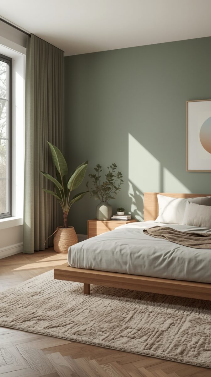 Modern minimalist bedroom with sage green walls, wooden platform bed, beige rug, and large potted plant by window with natural light