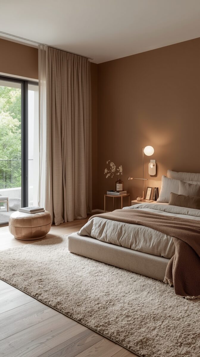 Modern minimalist bedroom with brown walls, platform bed, plush carpet, floor-to-ceiling windows and ambient lighting