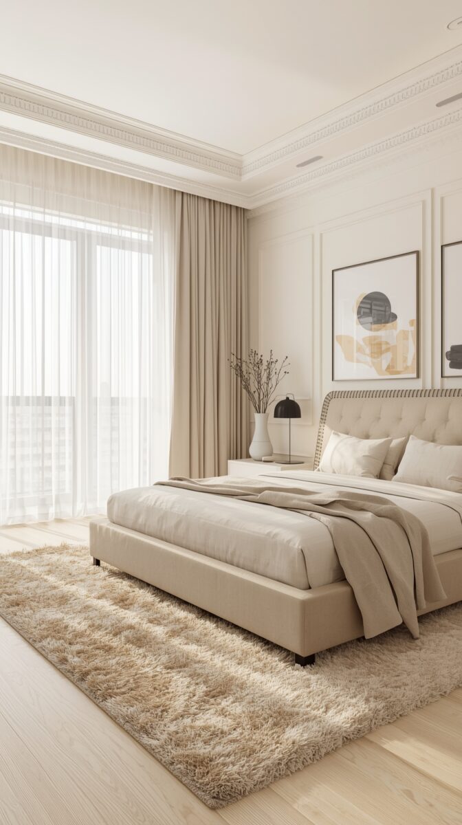 Modern minimalist bedroom with beige tufted bed, sheer curtains, abstract wall art, plush carpet and elegant crown molding