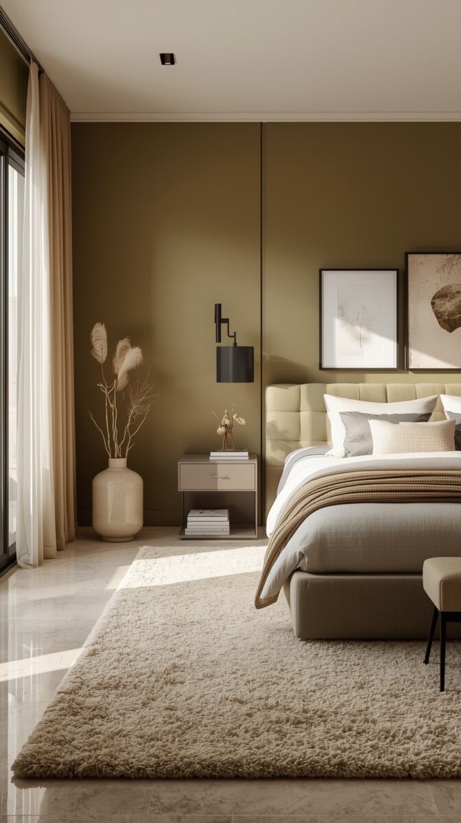 Modern minimalist bedroom with olive walls, cream upholstered bed, beige accents, pampas grass decor, and natural lighting