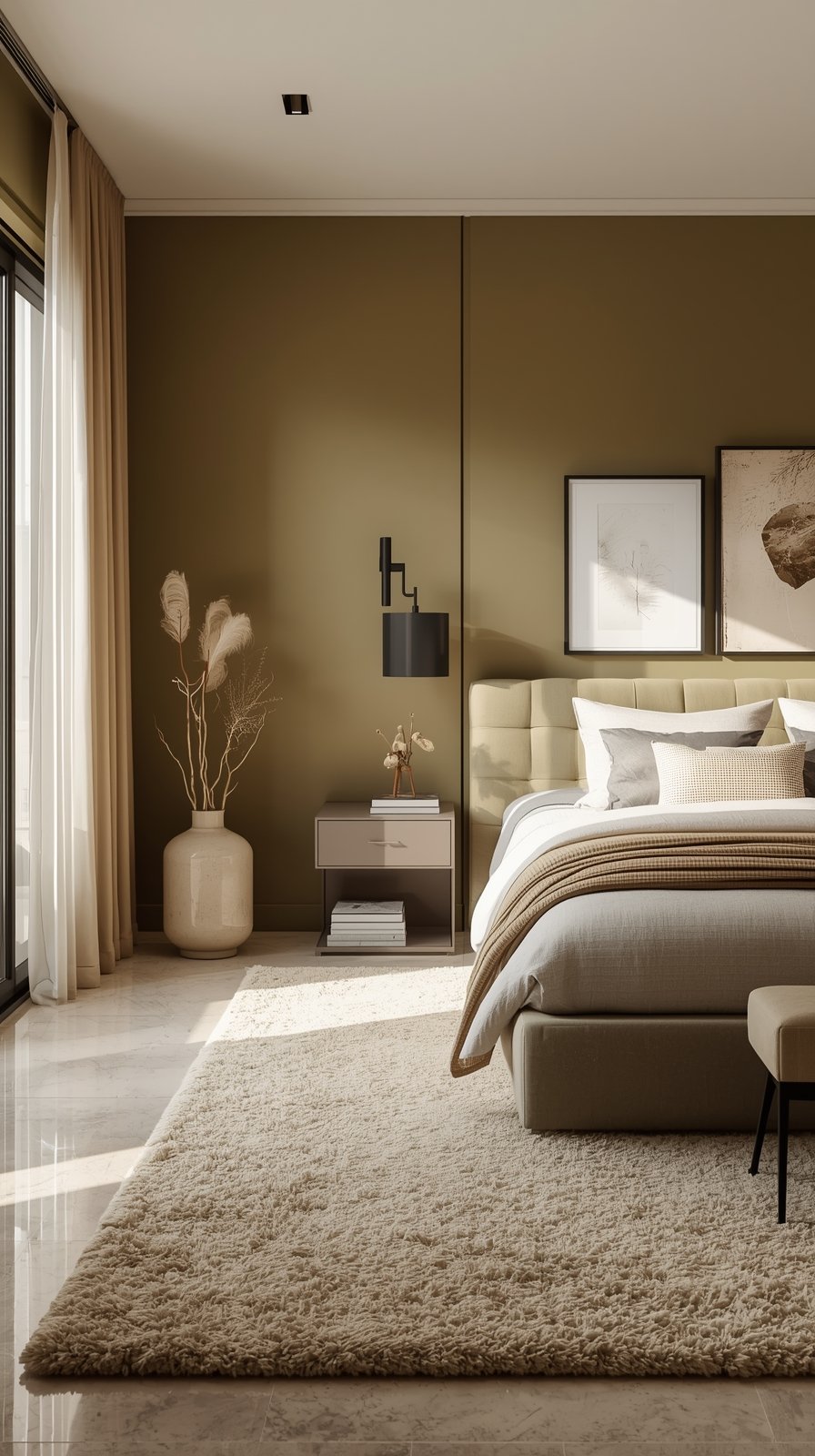 Modern minimalist bedroom with olive walls, cream upholstered bed, beige accents, pampas grass decor, and natural lighting