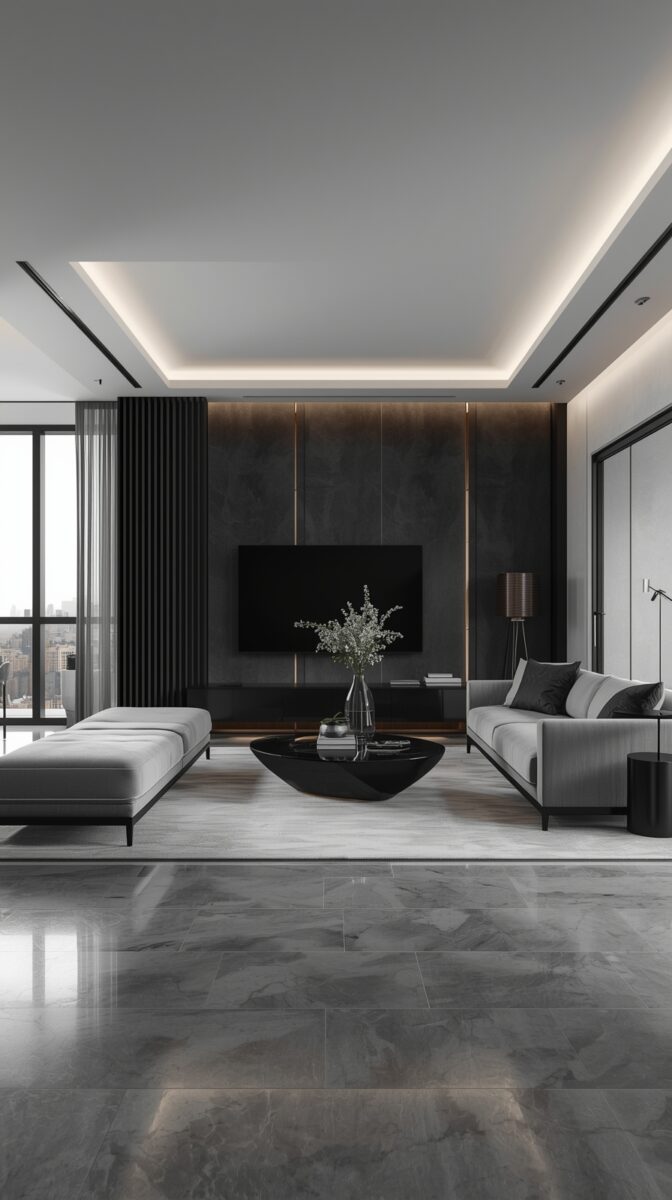 Modern minimalist living room with grey and black color scheme, floating TV unit, designer furniture and city view windows