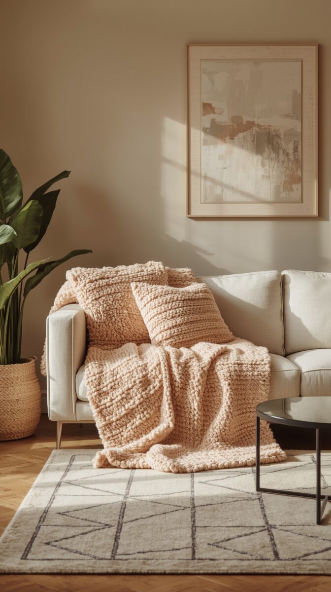 Cozy living room corner with white sofa, chunky knit peach throw blanket, geometric rug, houseplant and abstract wall art