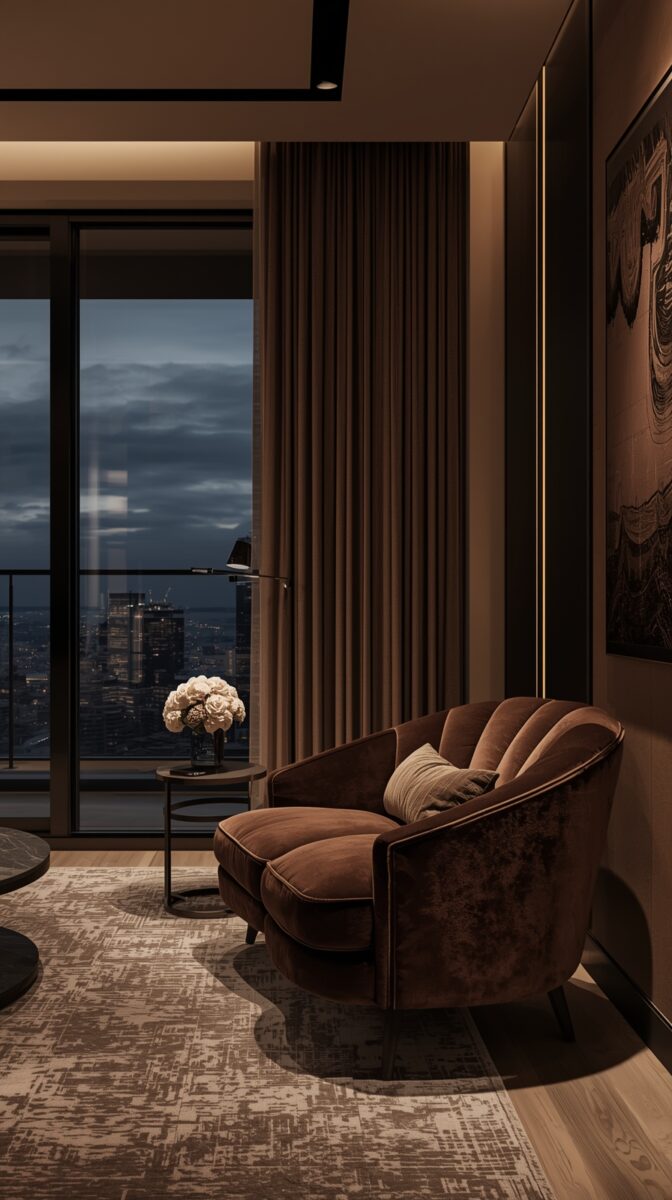 Luxurious high-rise apartment interior with brown velvet armchair, city night view, white roses, and modern decor