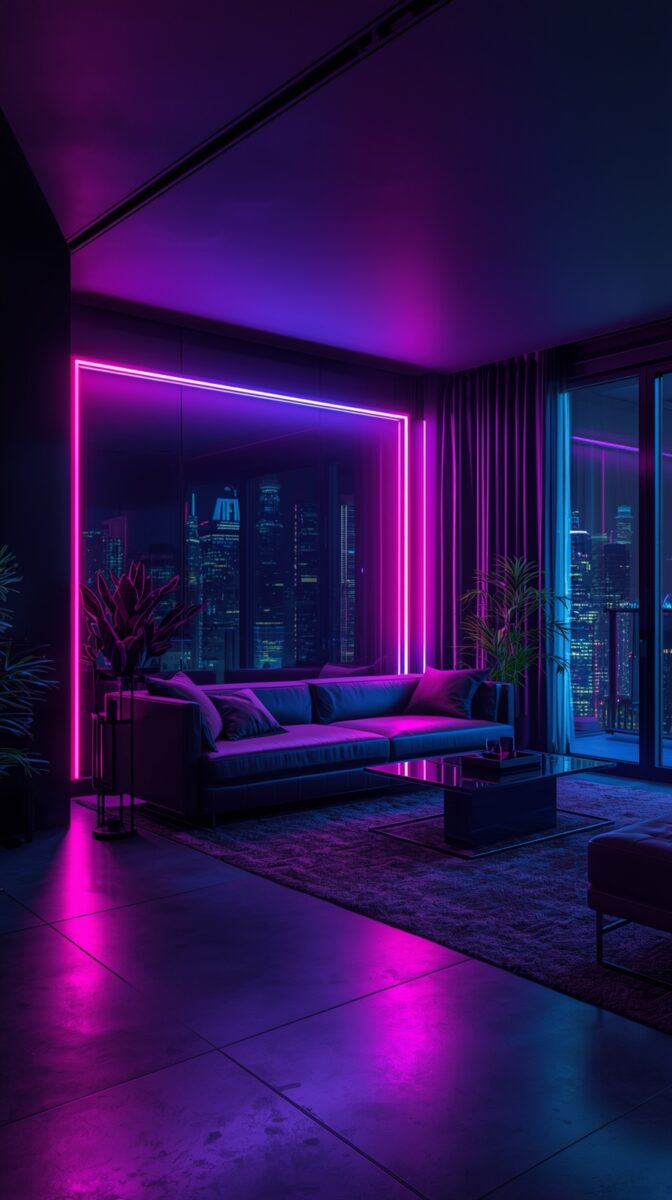 Modern apartment living room with pink neon lighting, city skyline view, blue couch, and minimalist decor in cyberpunk style