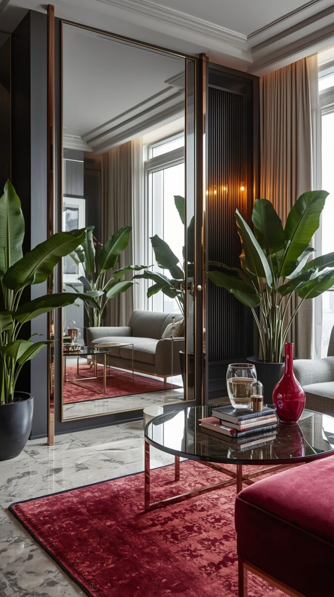 Luxurious living room with large mirror, red carpet, banana leaf plants, marble floors, and modern furniture with copper accents
