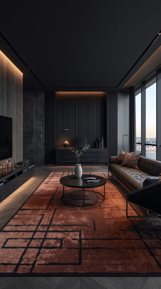 Modern dark living room with black walls, brown leather sofa, geometric rust-colored rug, and floor-to-ceiling windows