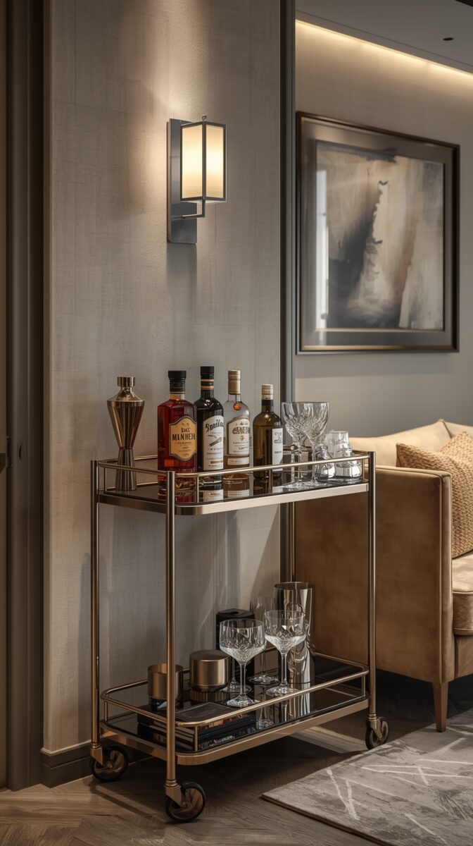 Modern bar cart with liquor bottles, crystal glasses, and cocktail tools against grey wall with sconce light and abstract art
