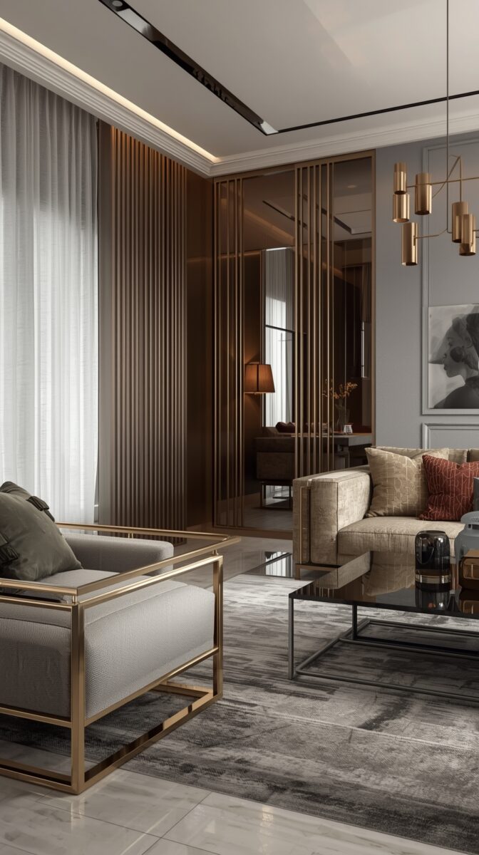 Luxurious modern living room with gold accents, featuring grey upholstery, metallic fixtures, and vertical design elements
