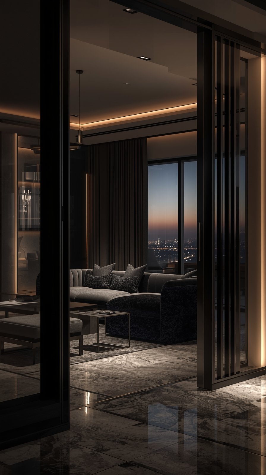 Luxurious modern apartment living room with dark velvet sofa, marble floors, and city skyline view through floor-to-ceiling windows