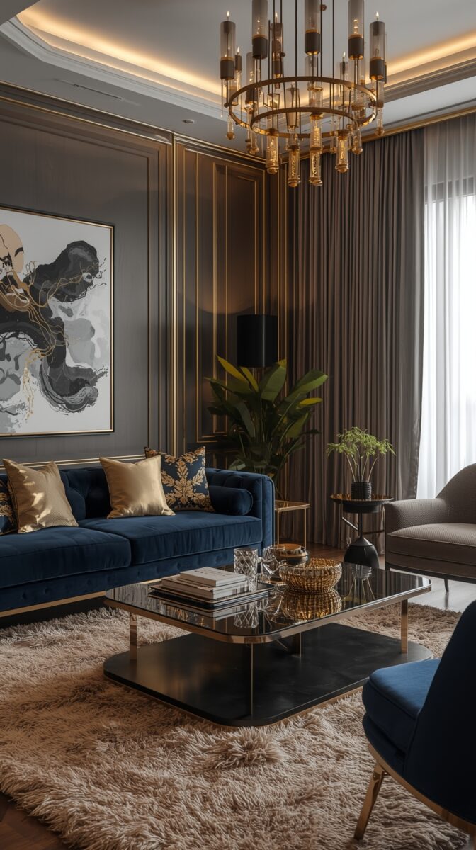 Luxurious modern living room with navy velvet sofa, gold accents, abstract art, glass chandelier, and plush area rug