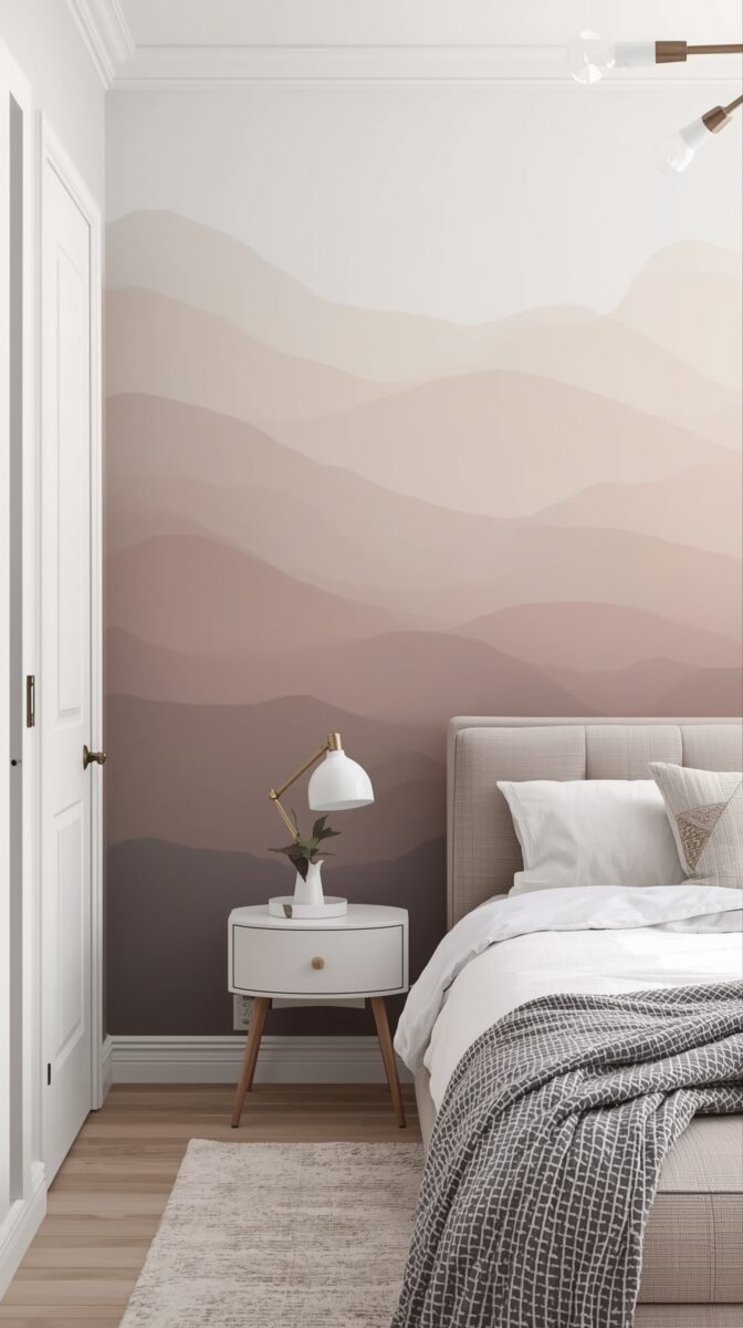 Modern bedroom with ombre mountain mural wall in mauve tones, grey upholstered bed, white nightstand, and brass task lamp