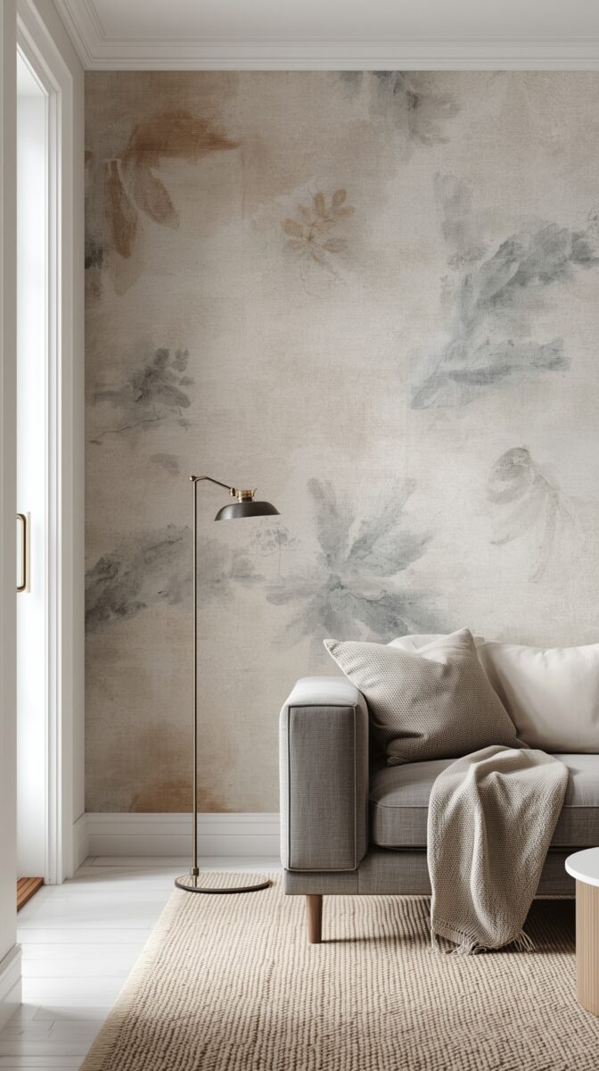 Modern living room with gray sofa, floor lamp, and watercolor floral wallpaper in neutral tones against white trim