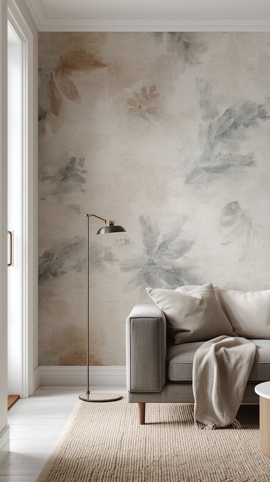 Modern living room with gray sofa, floor lamp, and watercolor floral wallpaper in neutral tones against white trim