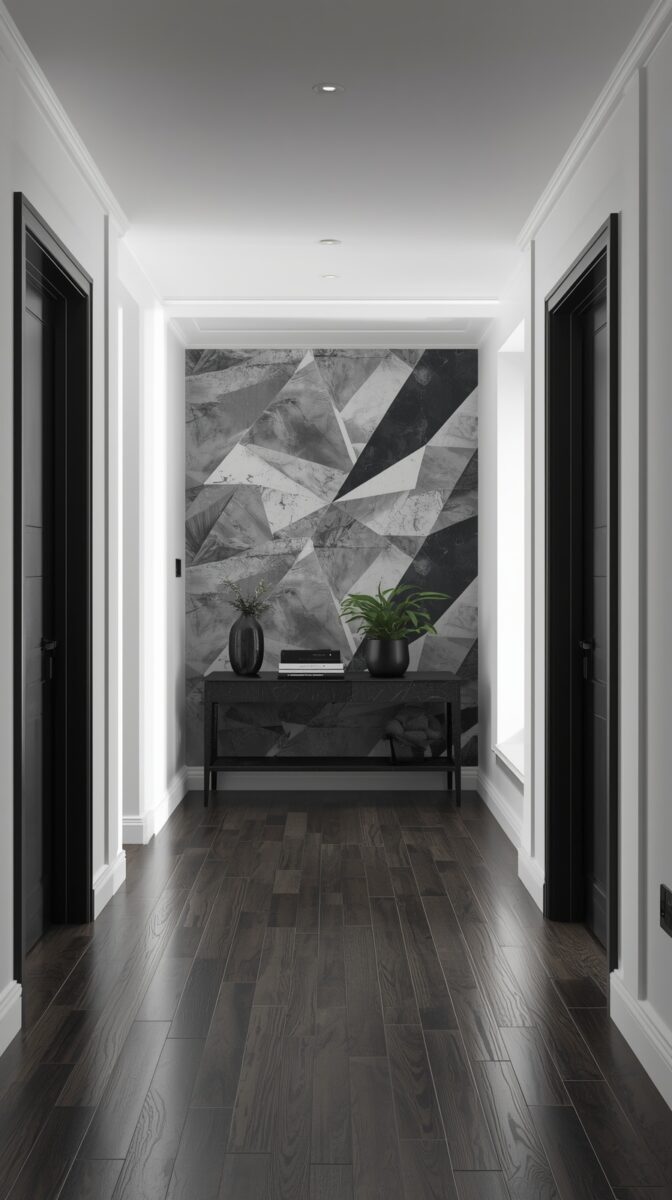 Modern hallway with geometric wallpaper, dark hardwood floors, black doors, and console table with plants and decor