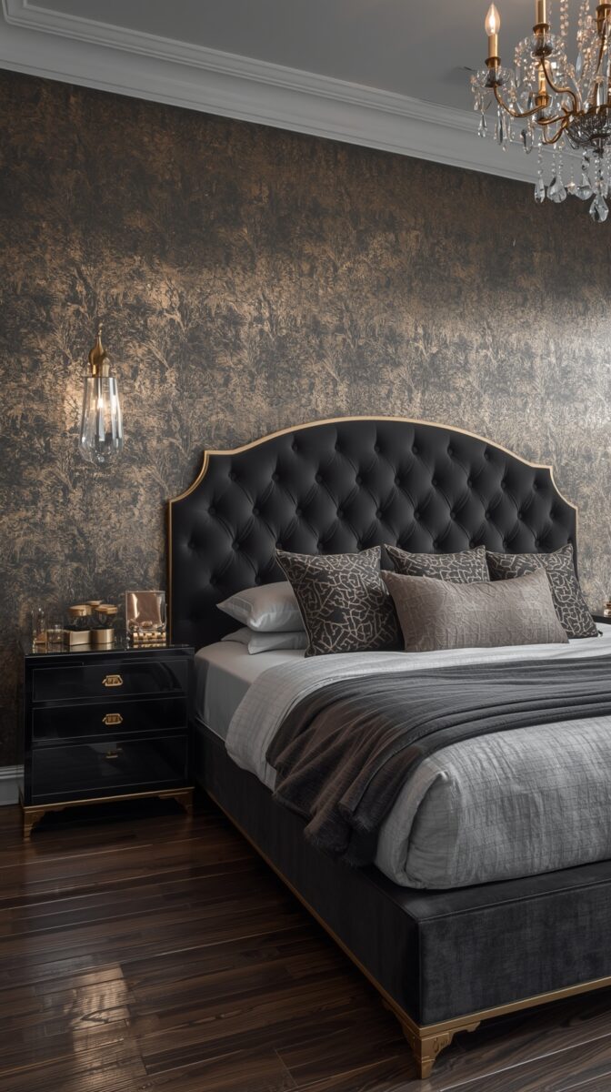 Luxurious dark bedroom with black tufted headboard, metallic wallpaper, crystal chandelier, and modern pendant light