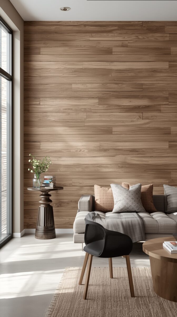 Modern living room with wooden wall paneling, gray sofa, black accent chair, and tall side table near floor-to-ceiling window