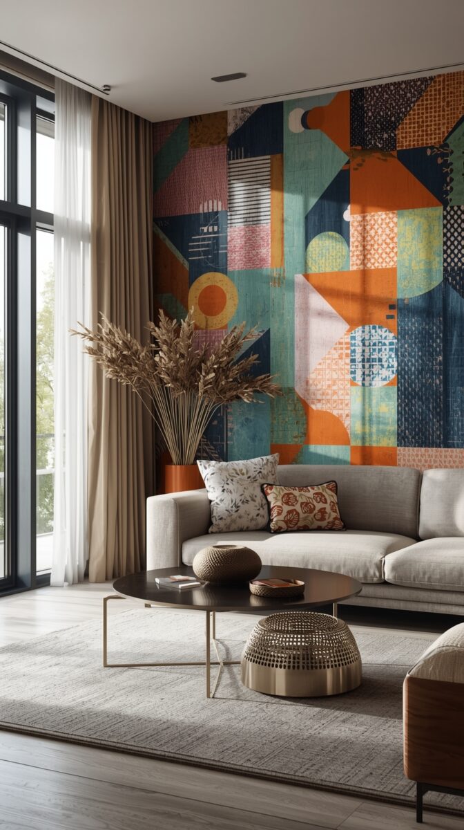 Modern living room with geometric wall mural in orange, blue and teal, grey sofa, round coffee table and dried pampas grass