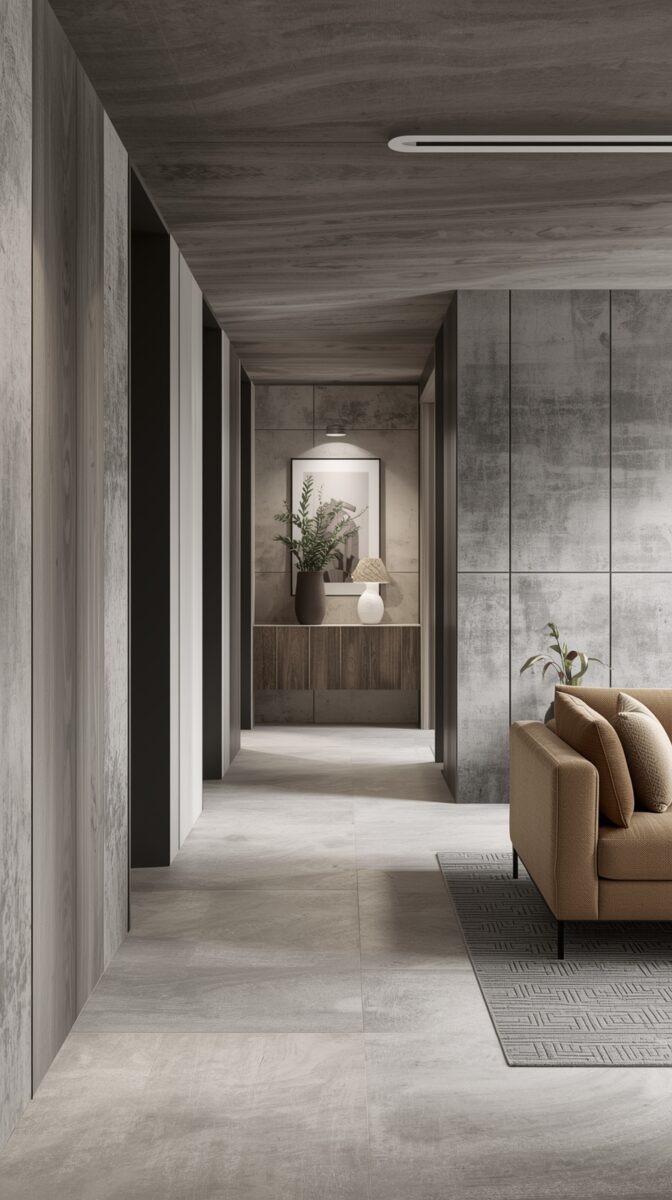Modern minimalist hallway with concrete walls, beige sofa, and decorative niche featuring plants and artwork