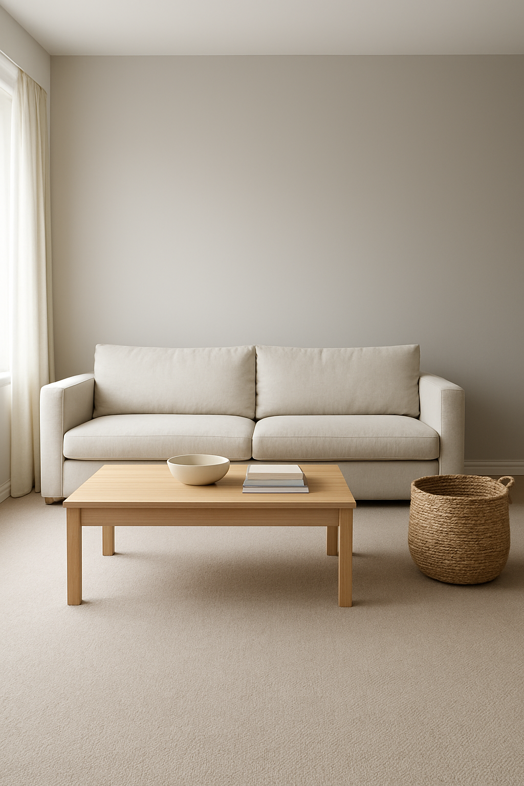 Living room with soft gray walls and a taupe wall-to-wall carpet