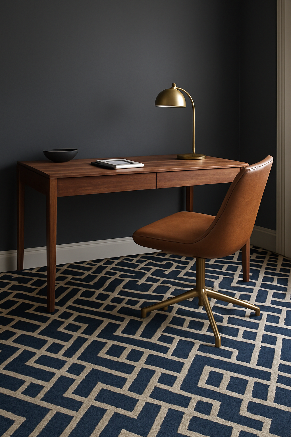 Home office with charcoal walls and a navy geometric patterned carpet