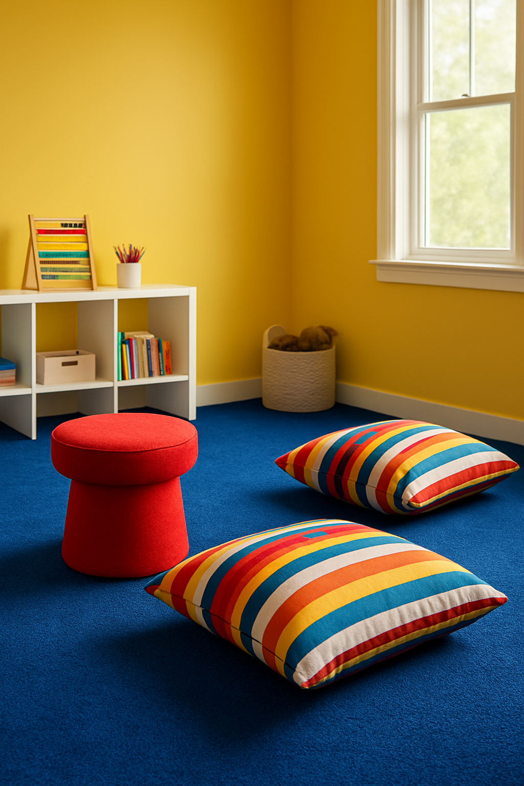Playroom with sunny yellow walls and a vivid cobalt blue carpet