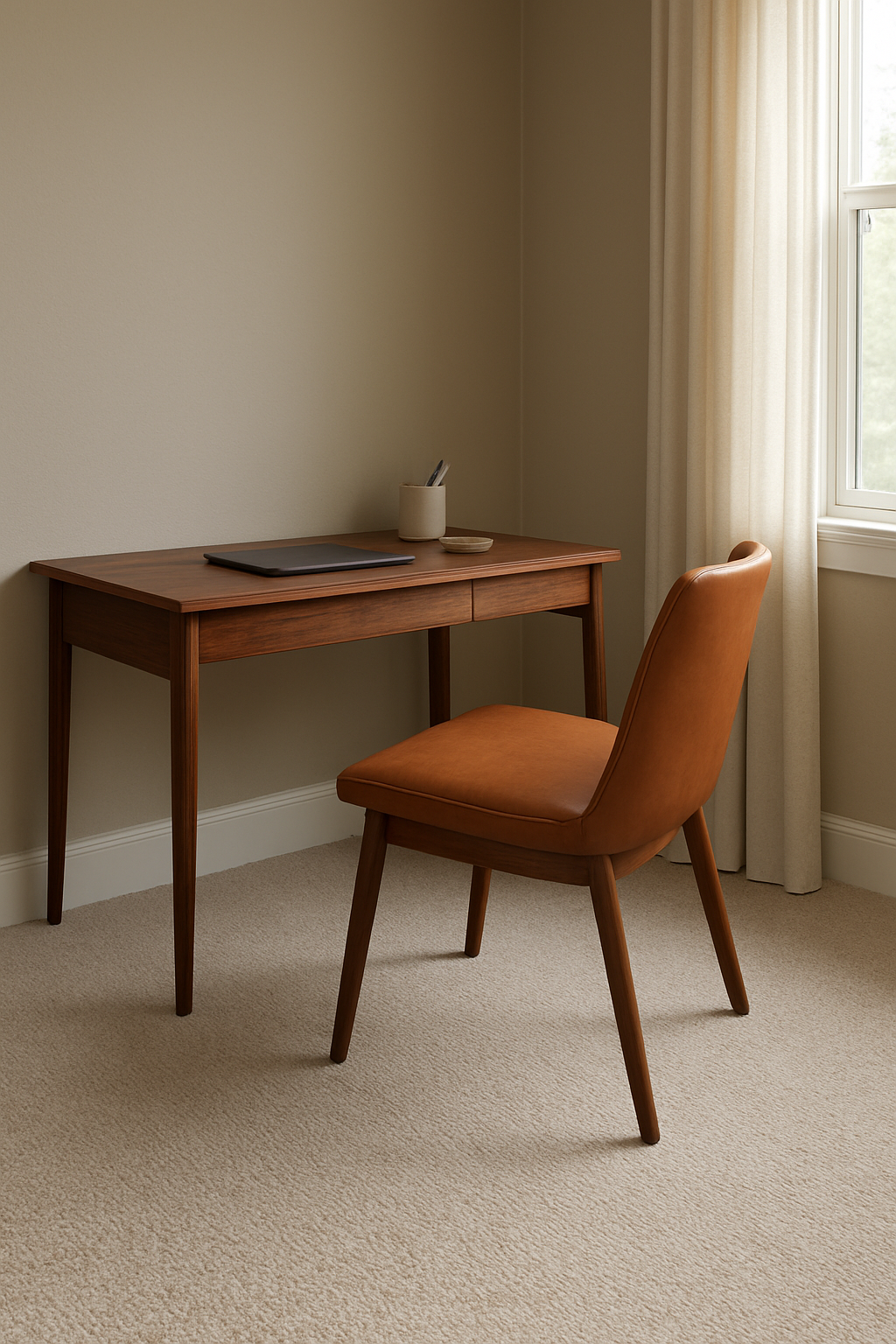 Home office with warm greige walls and a heathered oatmeal tweed carpet