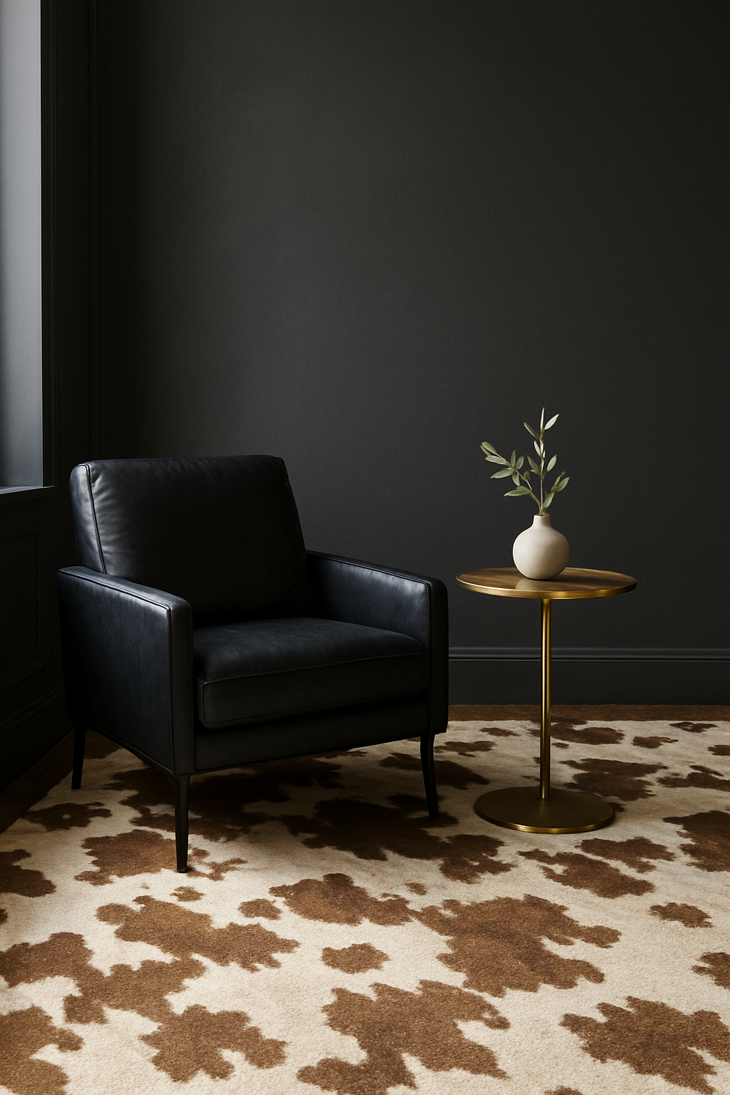 Living room with deep charcoal walls and a faux cowhide patterned carpet