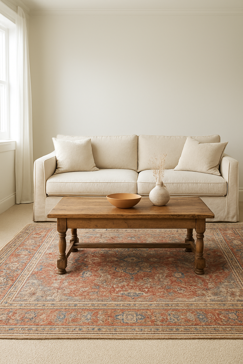 Family room with soft white walls and a distressed rug over oatmeal carpet