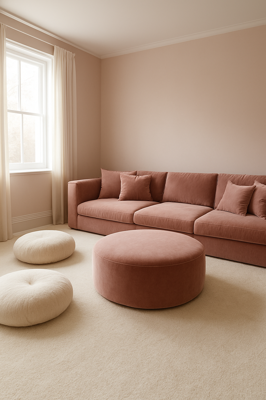Family room with soft blush walls and a thick ivory plush carpet