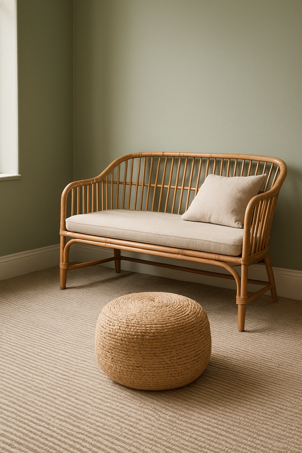 Guest room corner with sage green walls and ribbed oatmeal carpet
