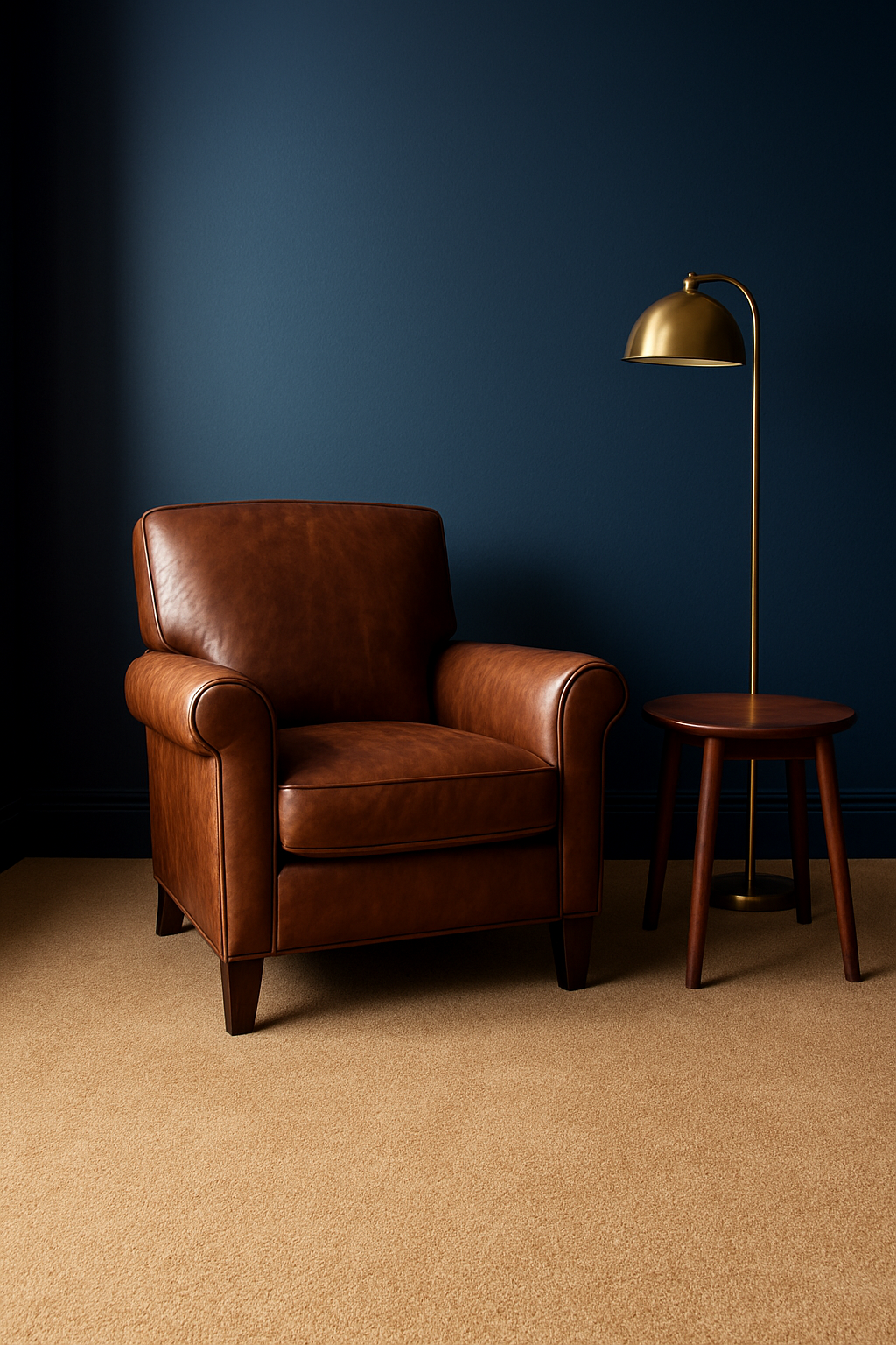 Den with deep navy walls and a smooth camel saxony carpet