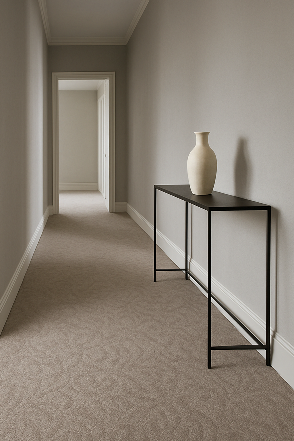 Hallway with soft gray walls and a taupe tone-on-tone patterned carpet