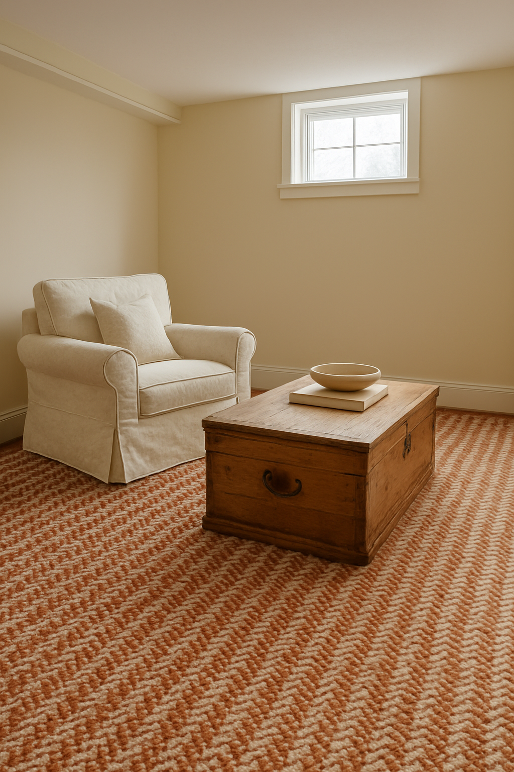 Basement with cream walls and a rust braided wool wall-to-wall carpet