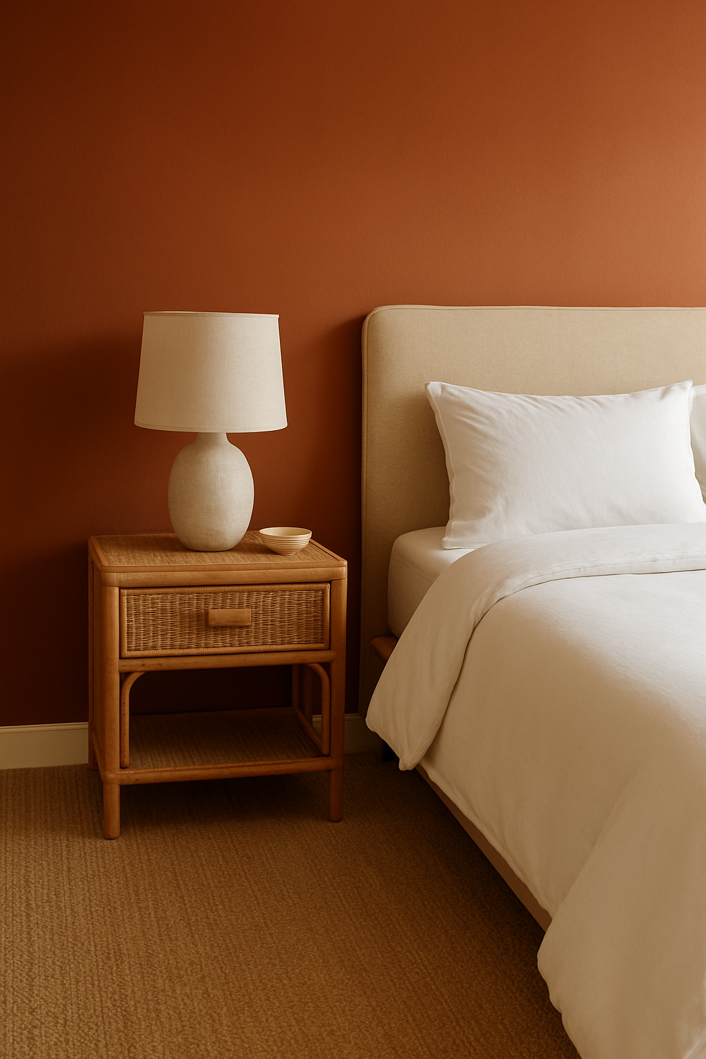 Bedroom with warm terracotta walls and a natural beige sisal carpet