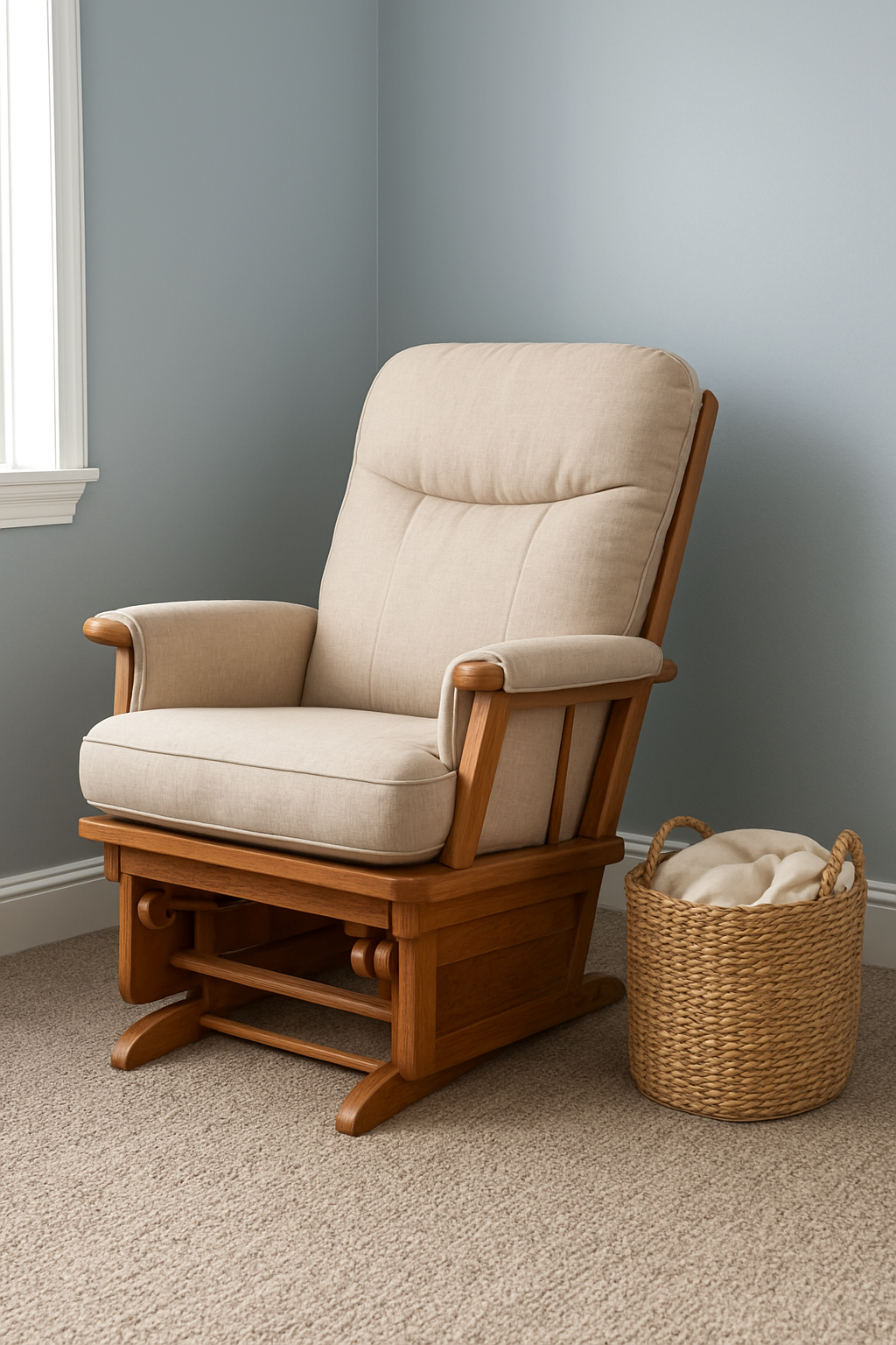 Nursery with soft gray-blue walls and a warm gray frieze carpet