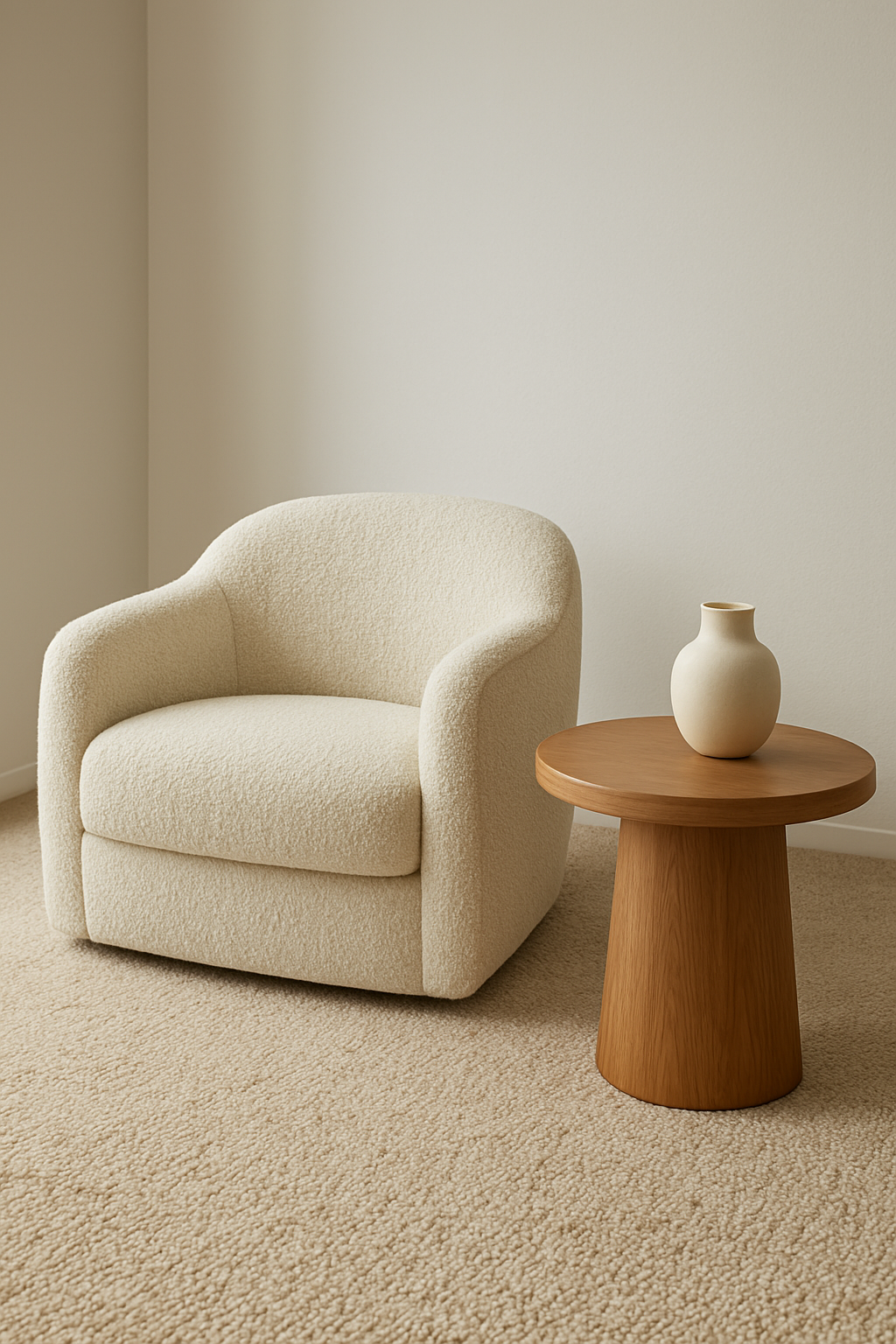 Living room with soft white walls and a nubby oatmeal Berber carpet