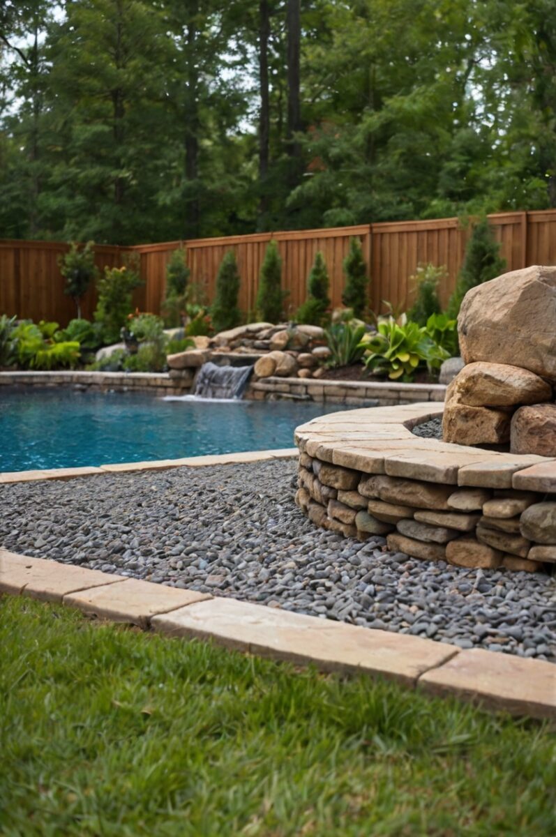 gravel perimeter with inexpensive river rock or crushed stone for a semi inground pool