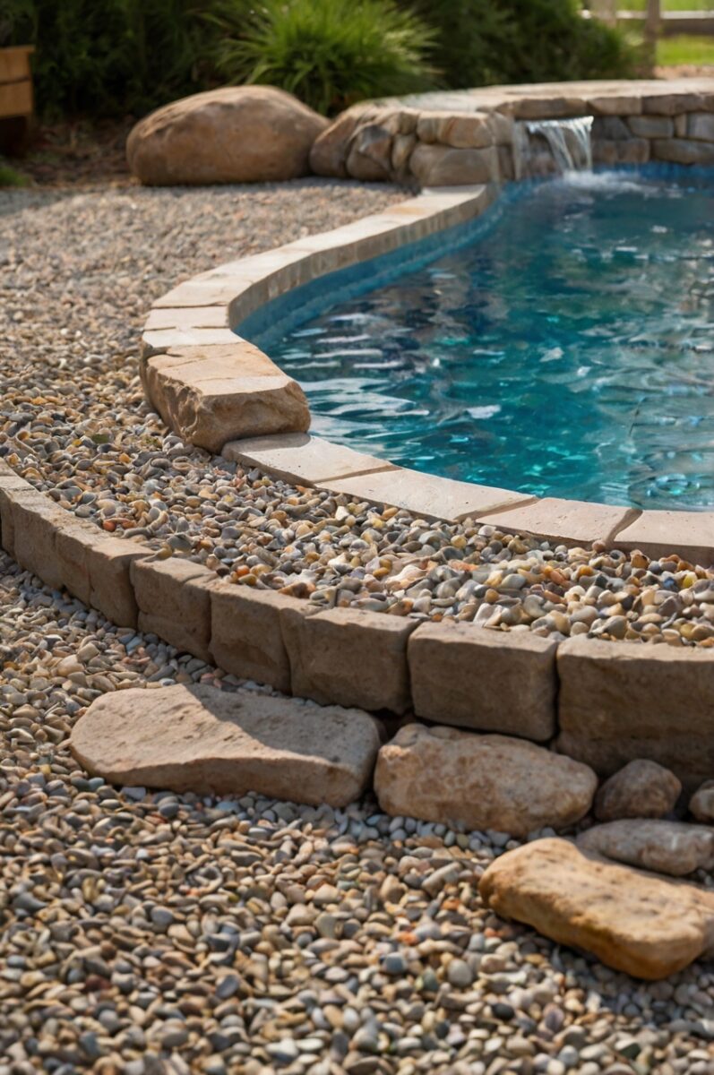 gravel perimeter with inexpensive river rock or crushed stone for a semi inground pool