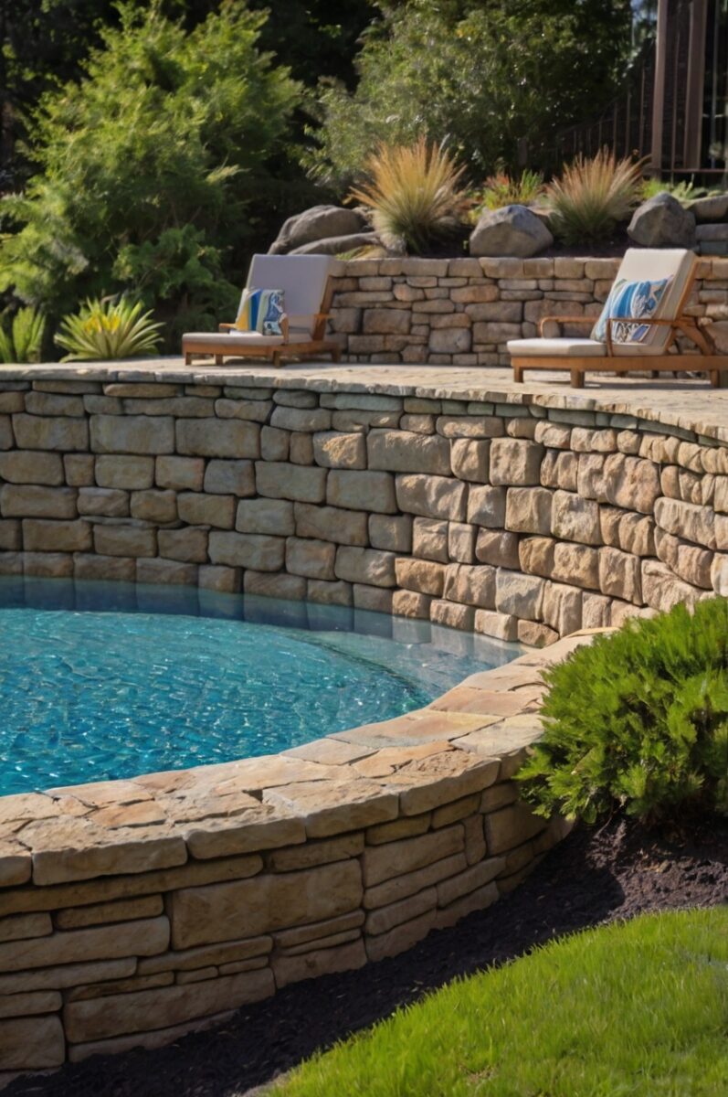 semi-inground pool with a custom stone retaining wall