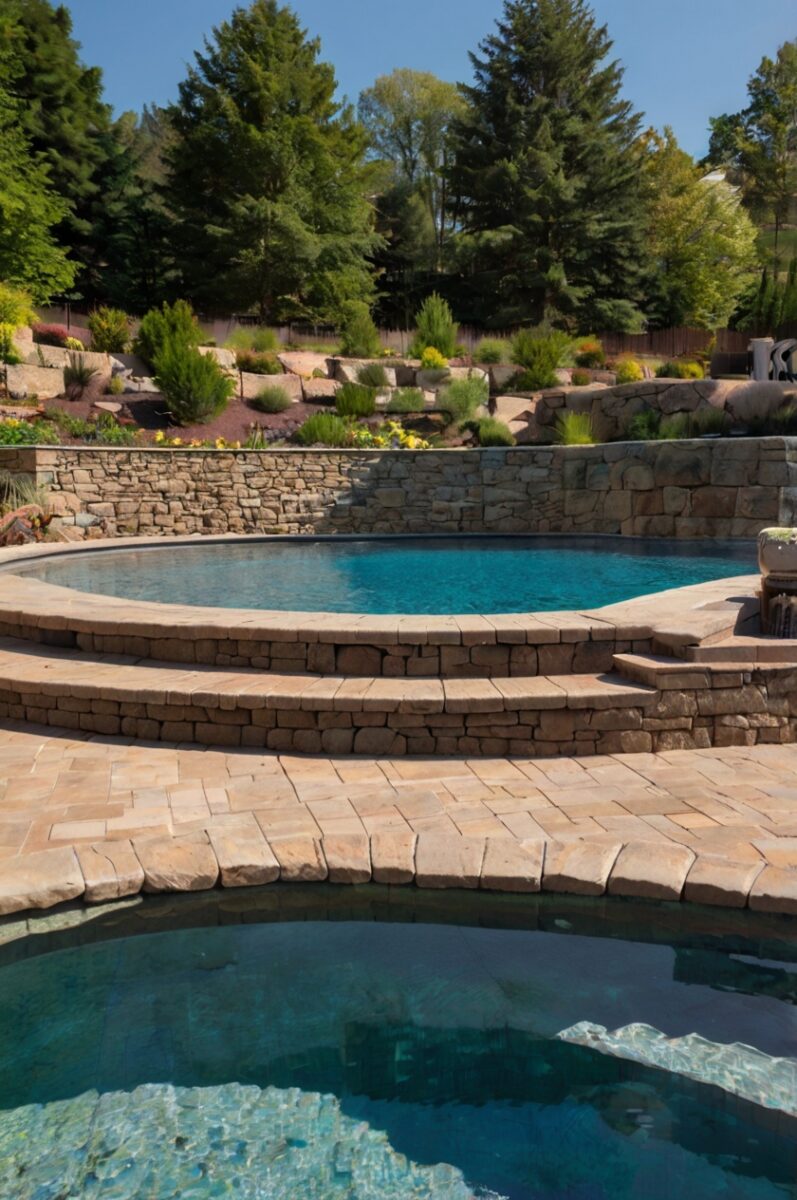 semi-inground pool with a custom stone retaining wall