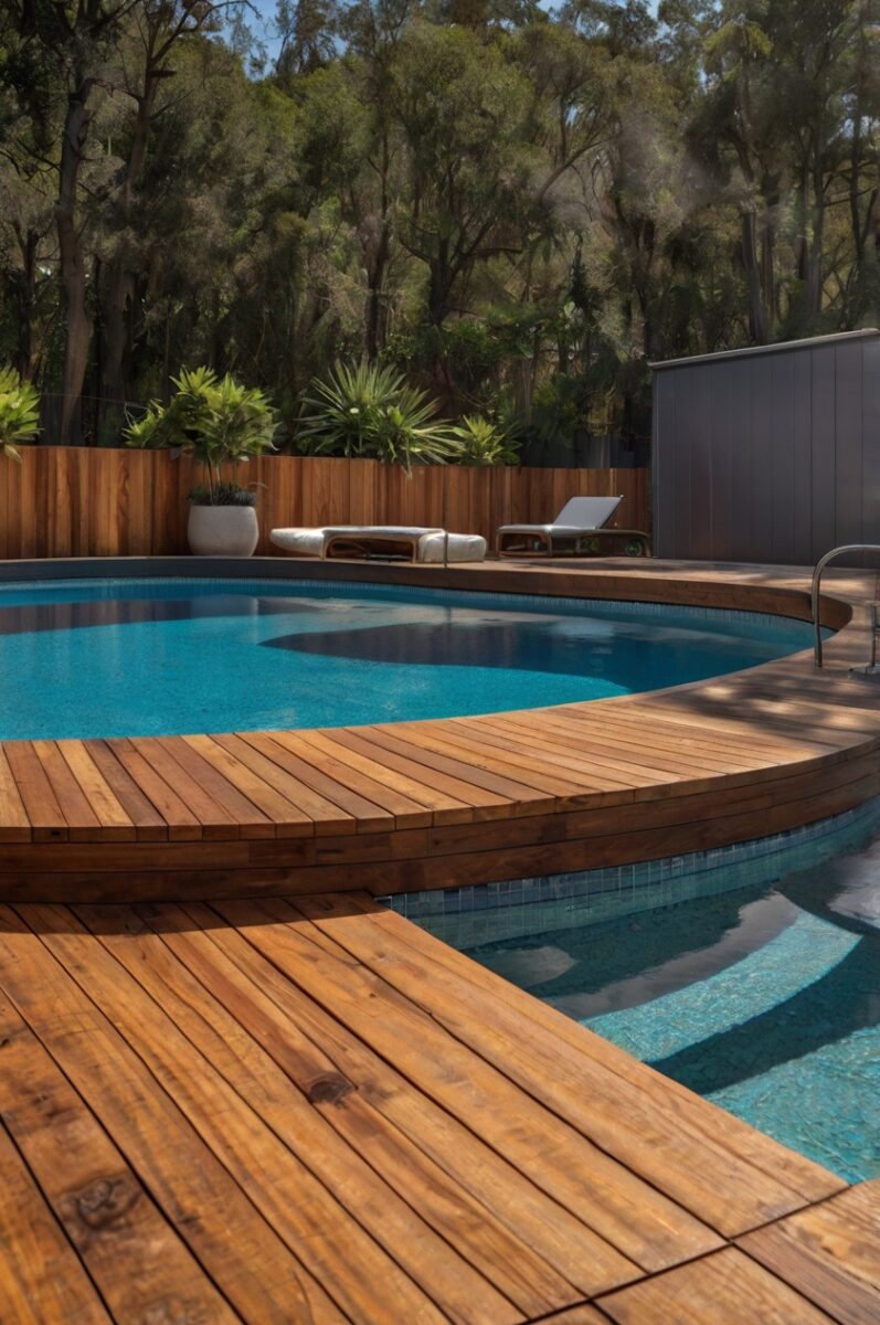 semi inground pool with beautiful wooden deck surround
