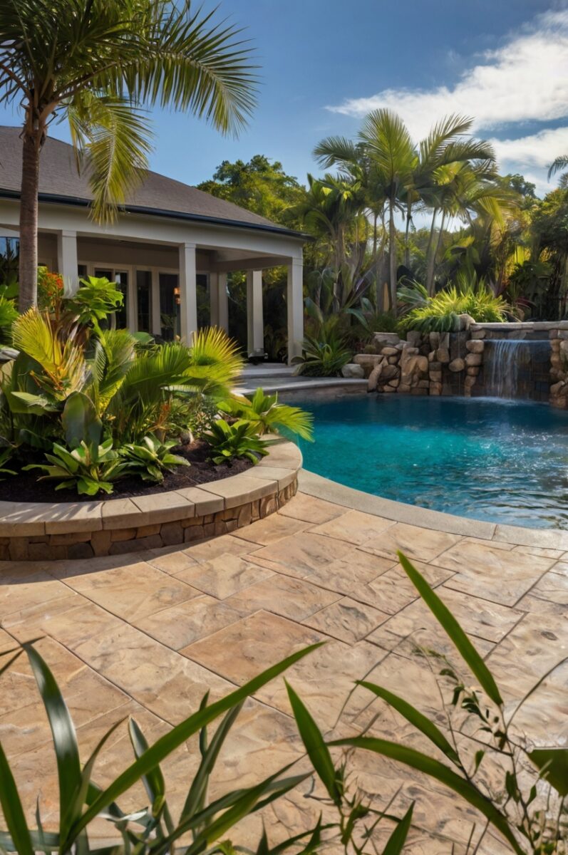 strategic tropical-inspired landscaping semi-inground pool