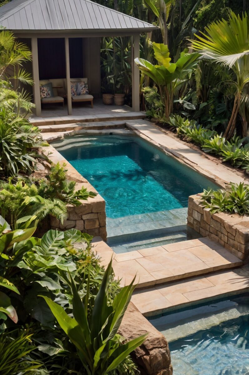 strategic tropical-inspired landscaping semi-inground pool