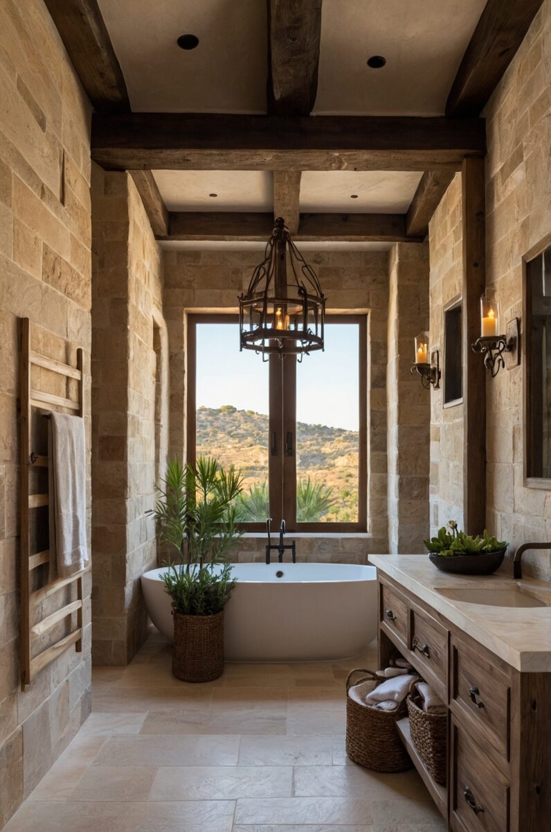 Ceiling Beams and Wooden Elements in Mediterranean bathroom